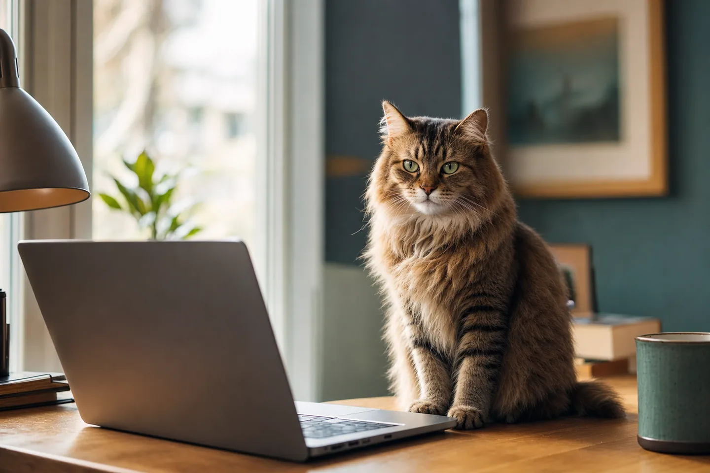 Espace de travail chaleureux avec un ordinateur et un chat heureux près d’une fenêtre