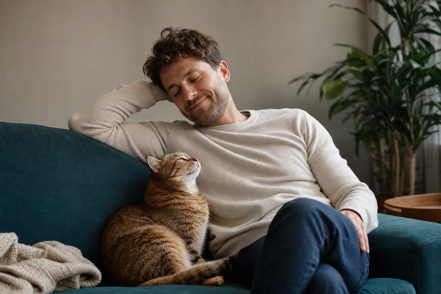 Chat en bonne santé assis à côté d’un propriétaire détendu et satisfait sur un canapé