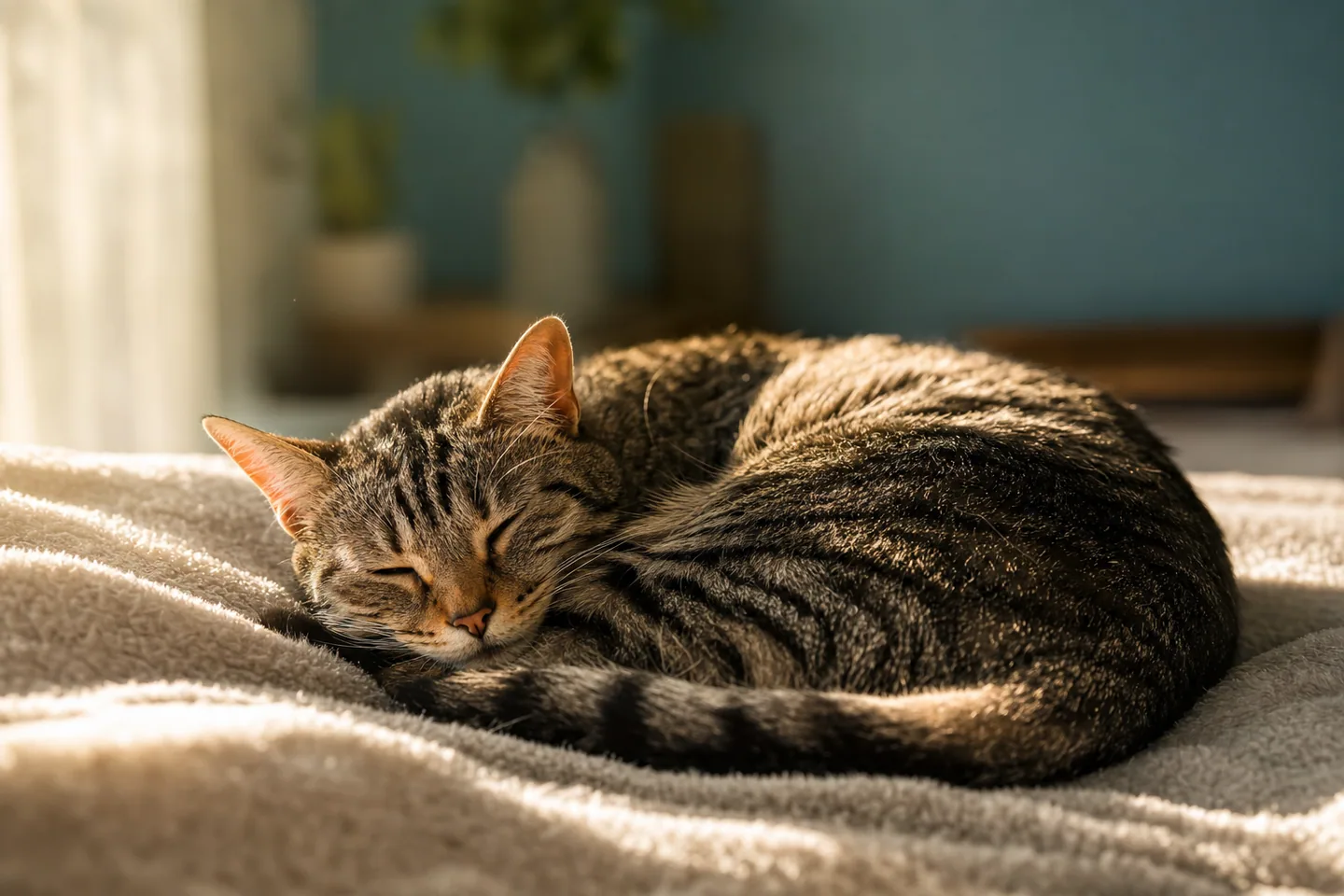 Chat détendu dormant paisiblement dans un rayon de soleil sur une couverture