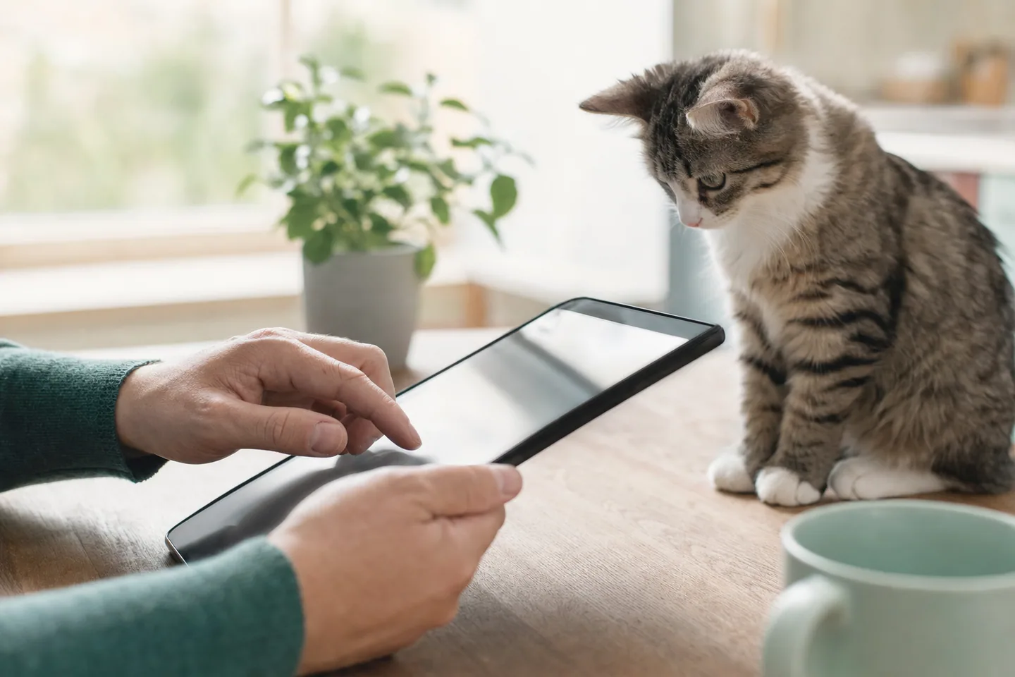 Mains remplissant un formulaire de devis sur une tablette, chat curieux à proximité