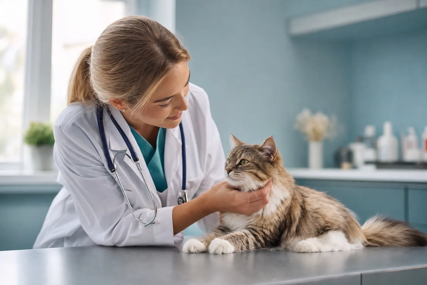 Vétérinaire examinant délicatement un chat calme dans une clinique moderne