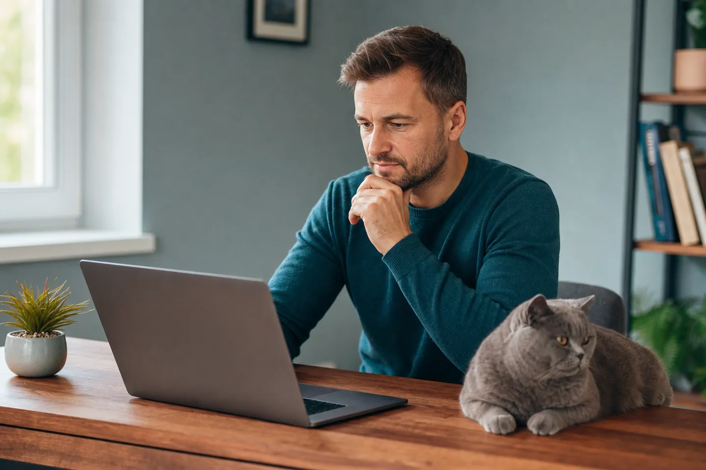 Personne comparant des assurances sur un ordinateur portable, chat gris British Shorthair à côté