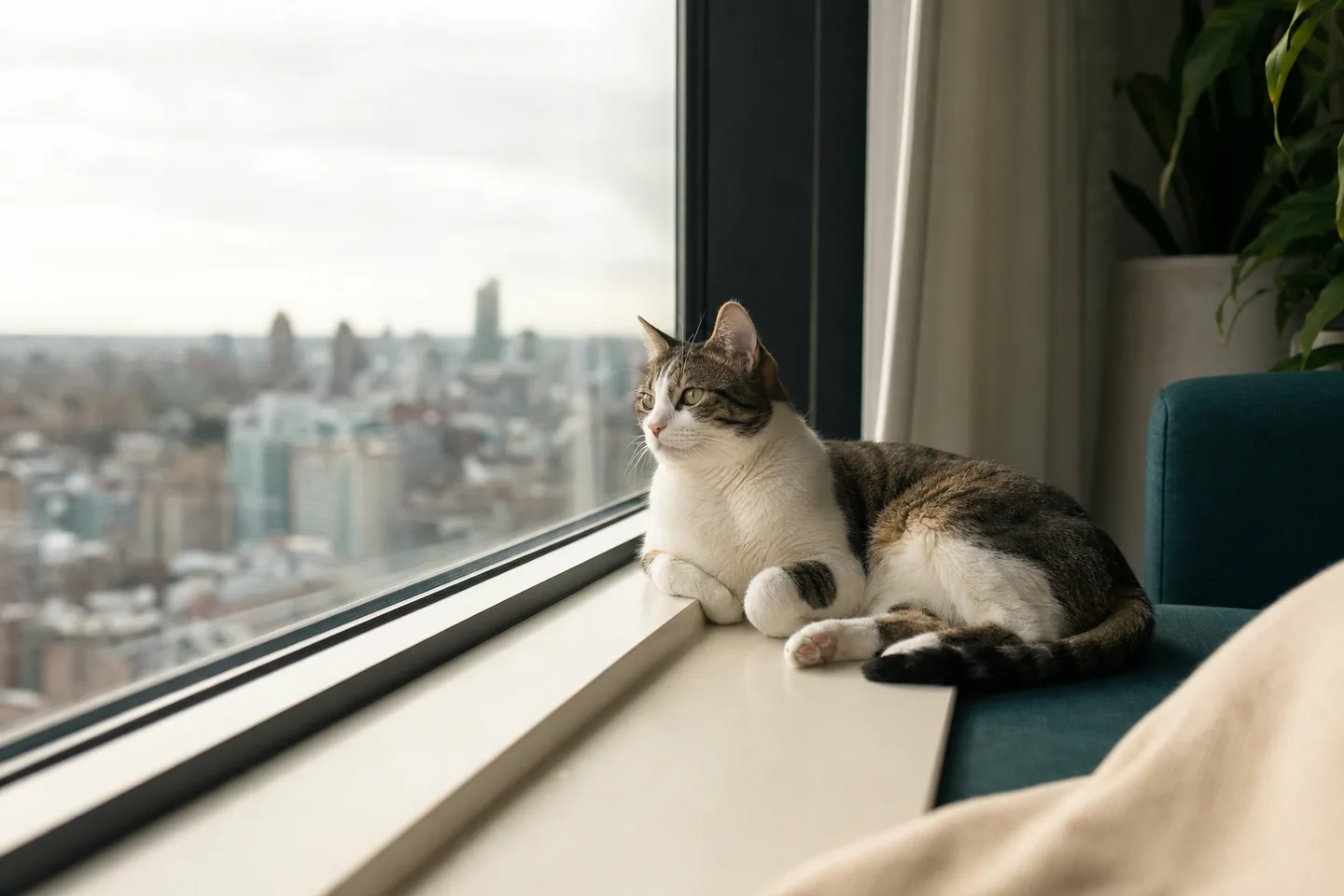 Chat d’intérieur détendu sur un rebord de fenêtre donnant sur la ville