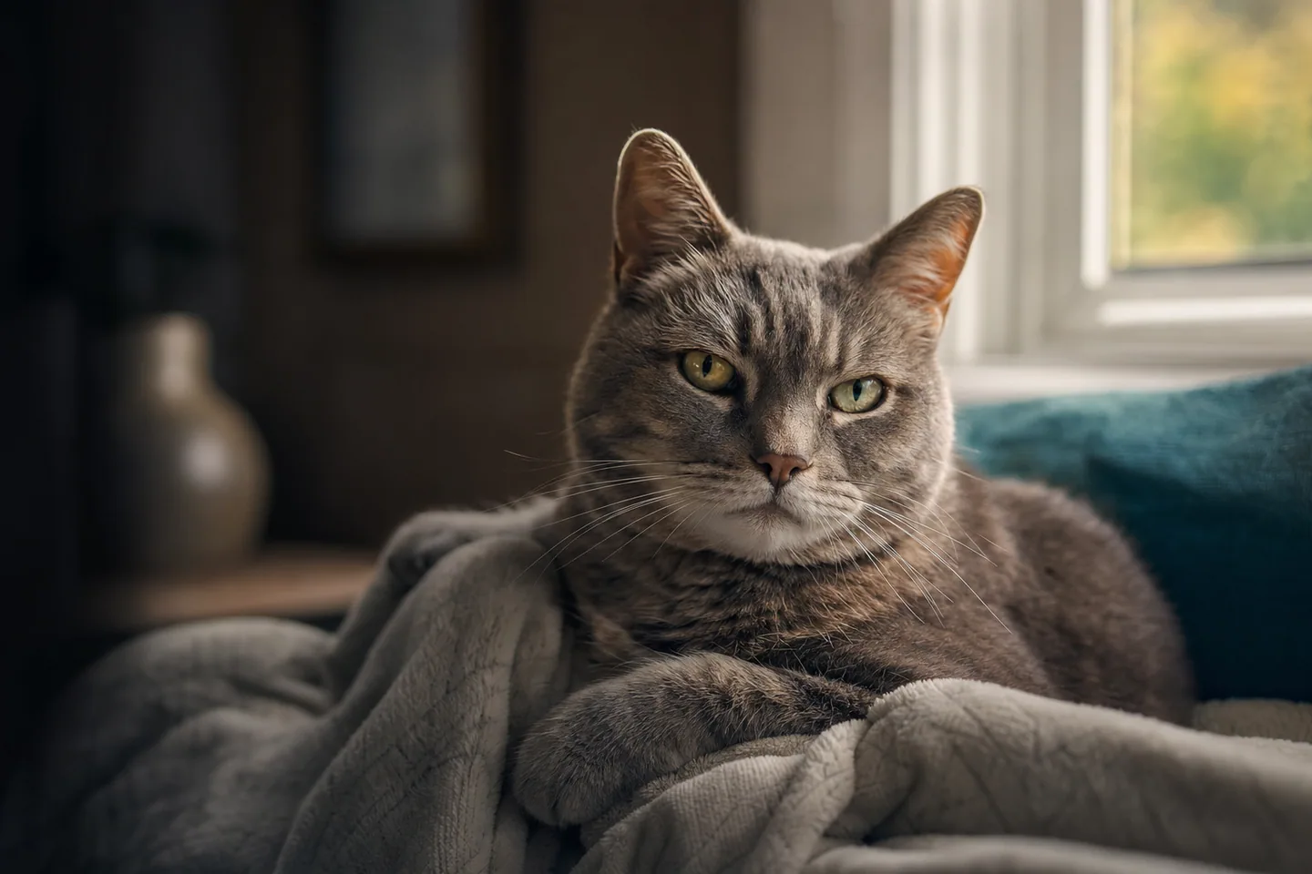 Chat senior au regard calme reposant sur une couverture près d’une fenêtre