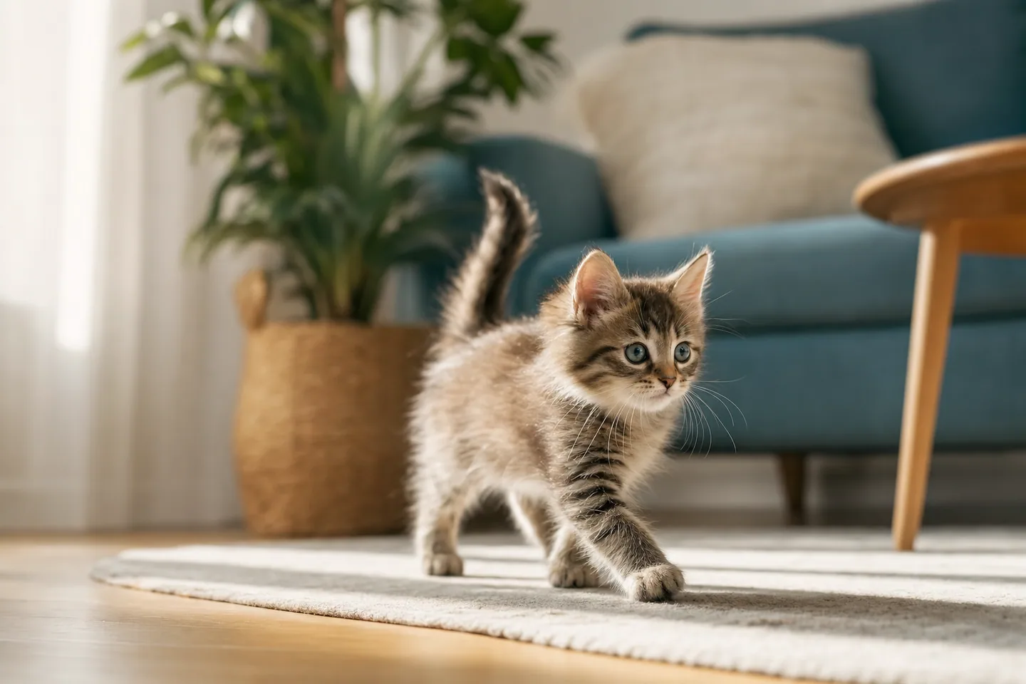 Chaton joueur aux yeux vifs explorant un salon ensoleillé