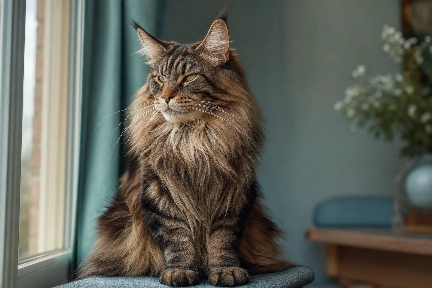 Majestueux Maine Coon à la crinière fournie assis près d’une fenêtre