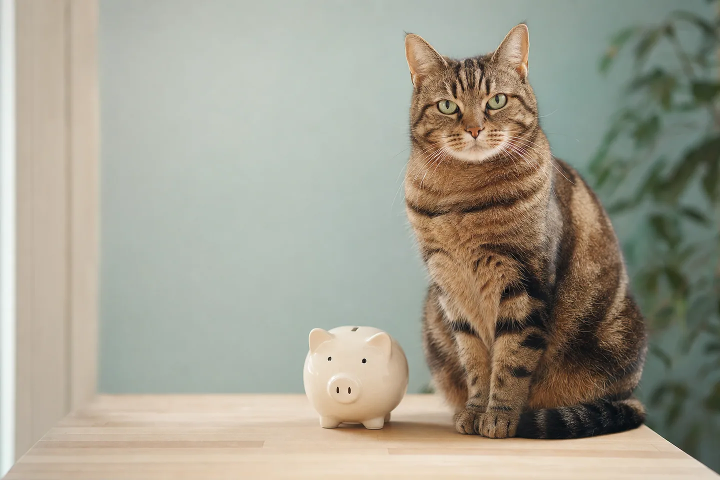 Chat domestique à côté d’une tirelire en céramique, idée de bon rapport qualité-prix