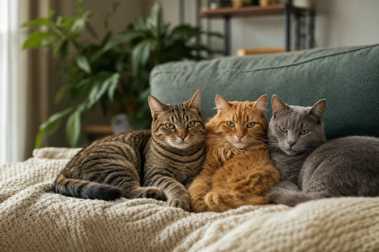 Deux ou trois chats de couleurs différentes réunis paisiblement sur un canapé