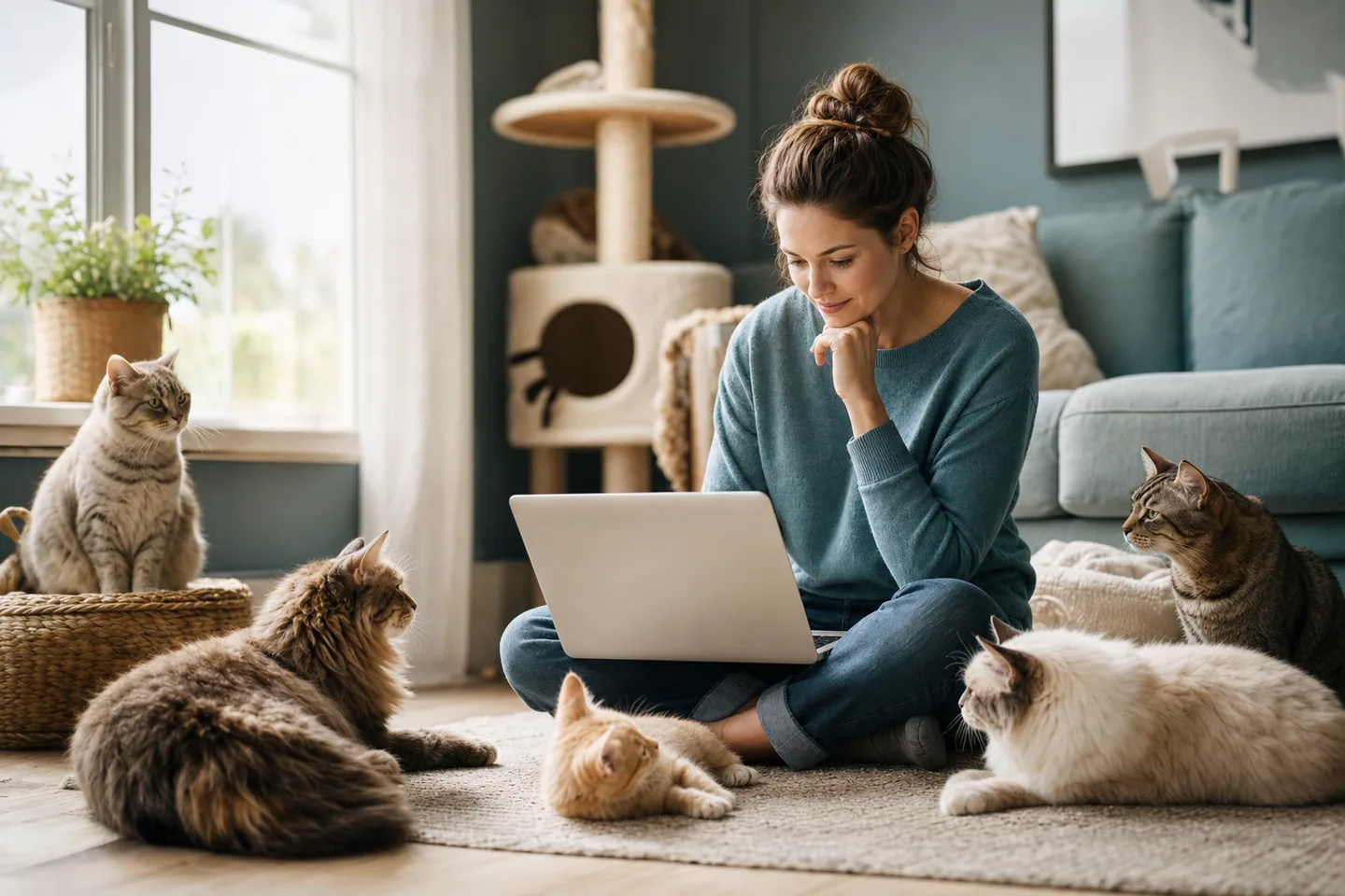 Personne comparant des assurances entourée de plusieurs chats de profils différents