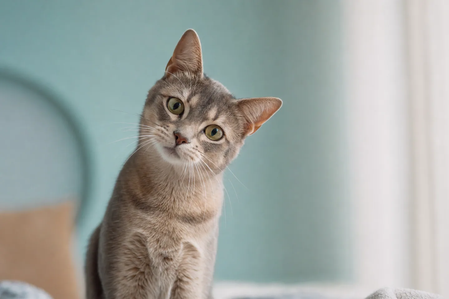 Chat curieux penchant la tête d’un air interrogateur dans une pièce lumineuse