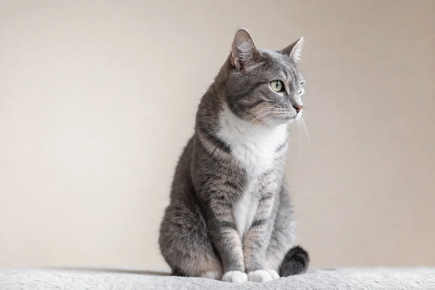 Chat en bonne santé sur fond clair épuré, composition minimaliste