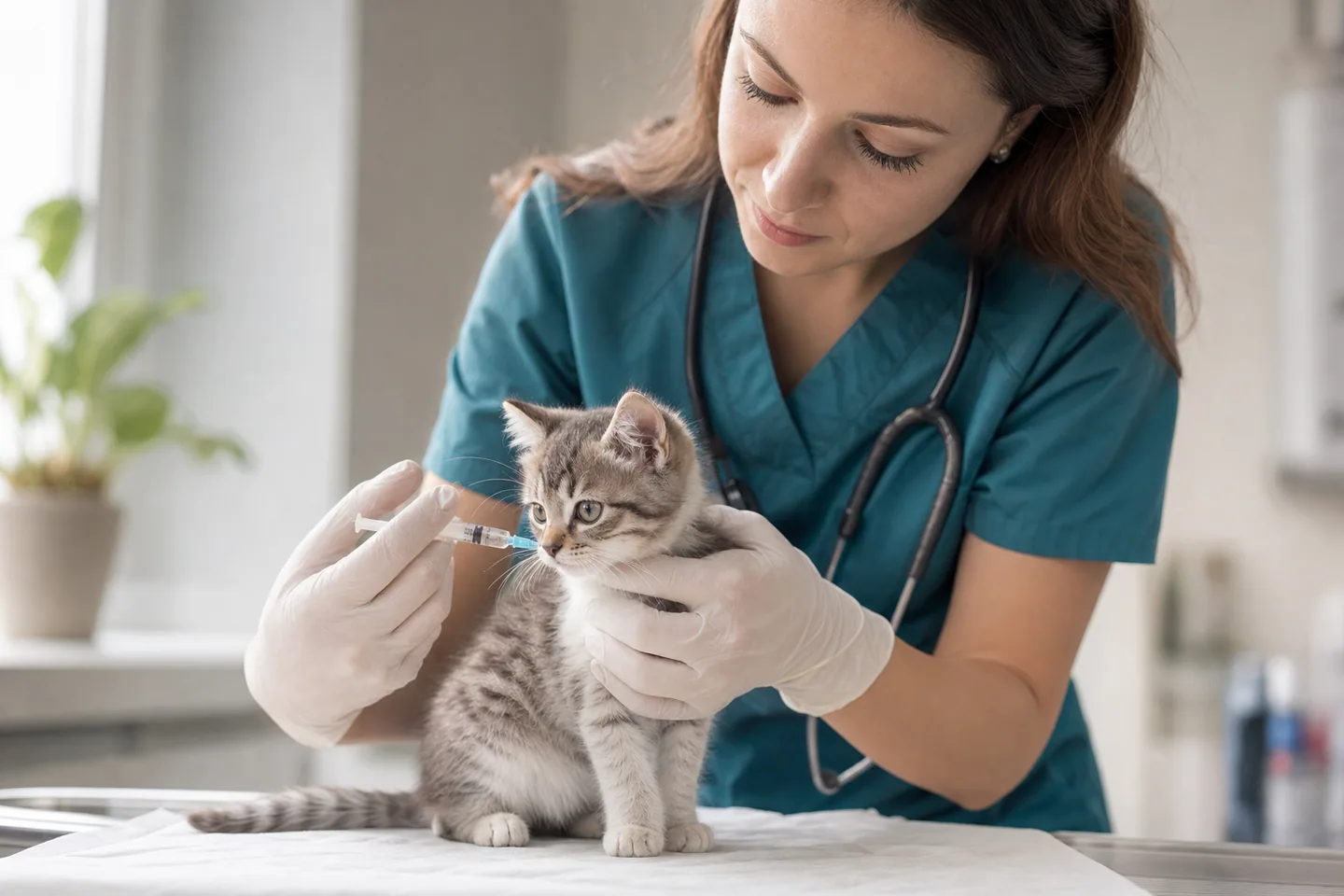 Vétérinaire prodiguant des soins préventifs à un chaton calme en clinique