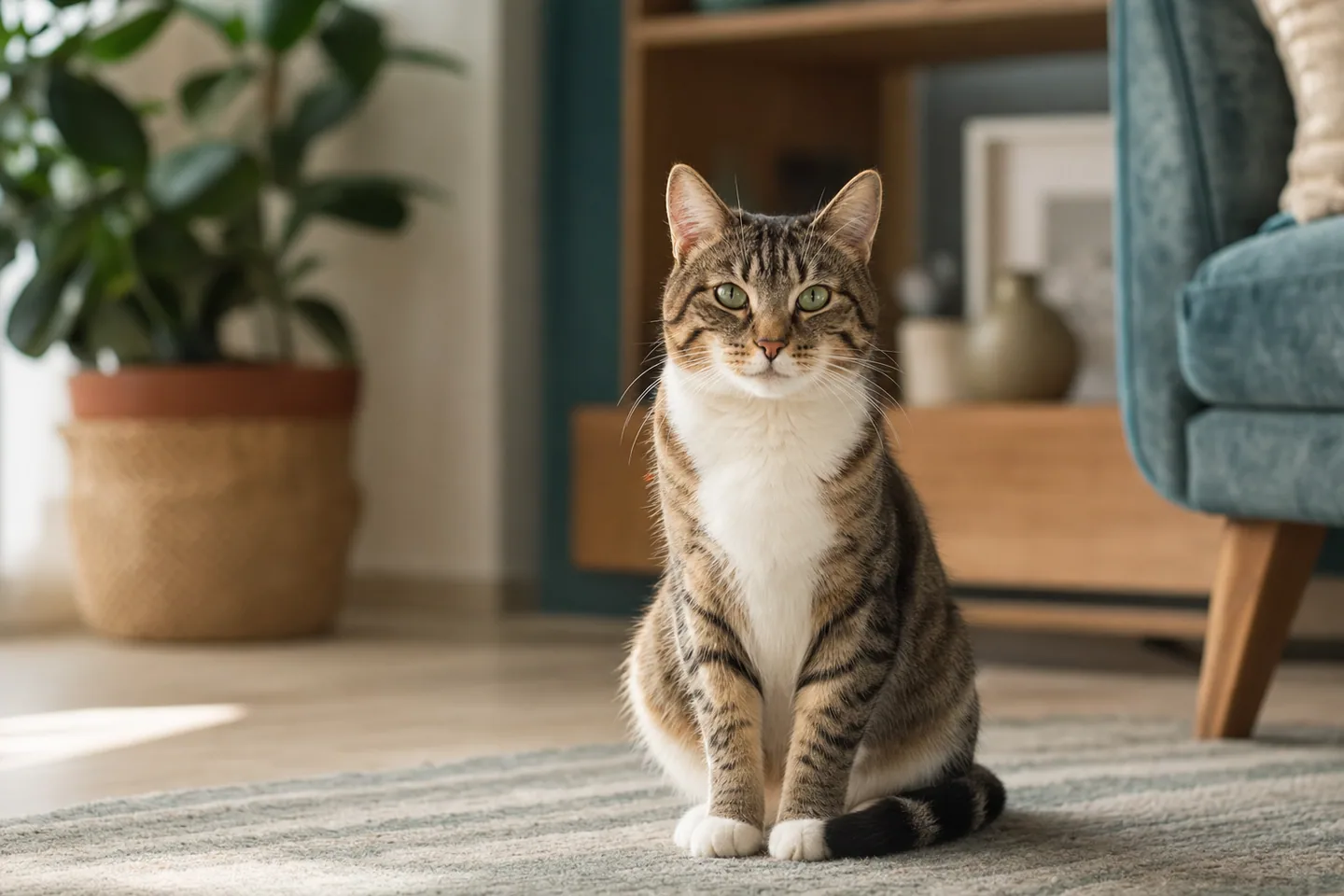Chat adulte en bonne santé assis confortablement dans un intérieur soigné