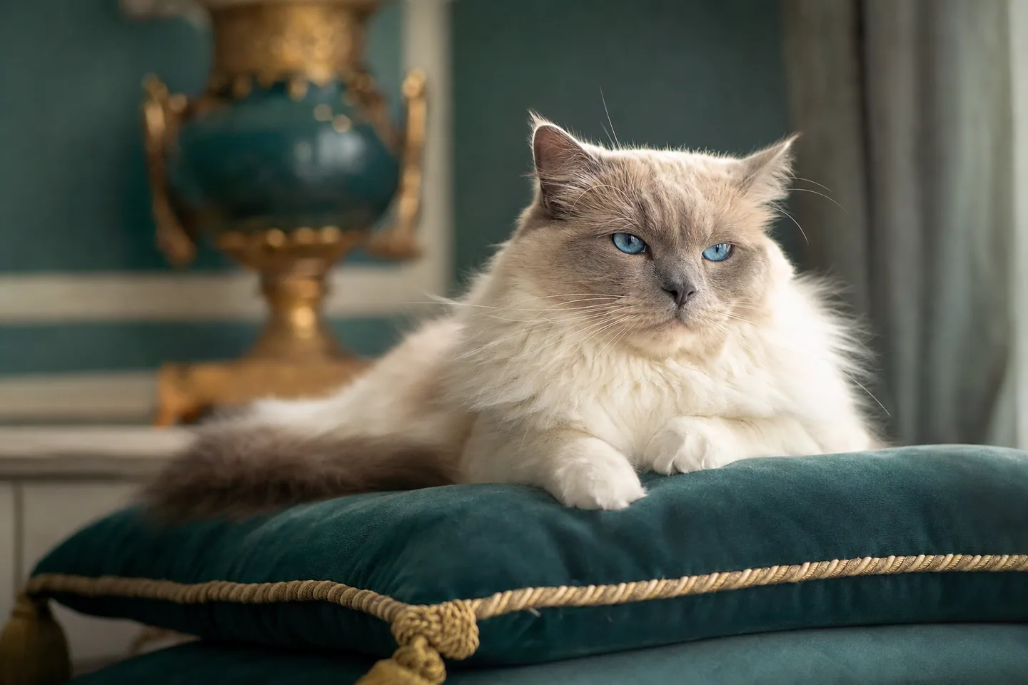 Chat de race élégant sur un coussin en velours dans un intérieur raffiné