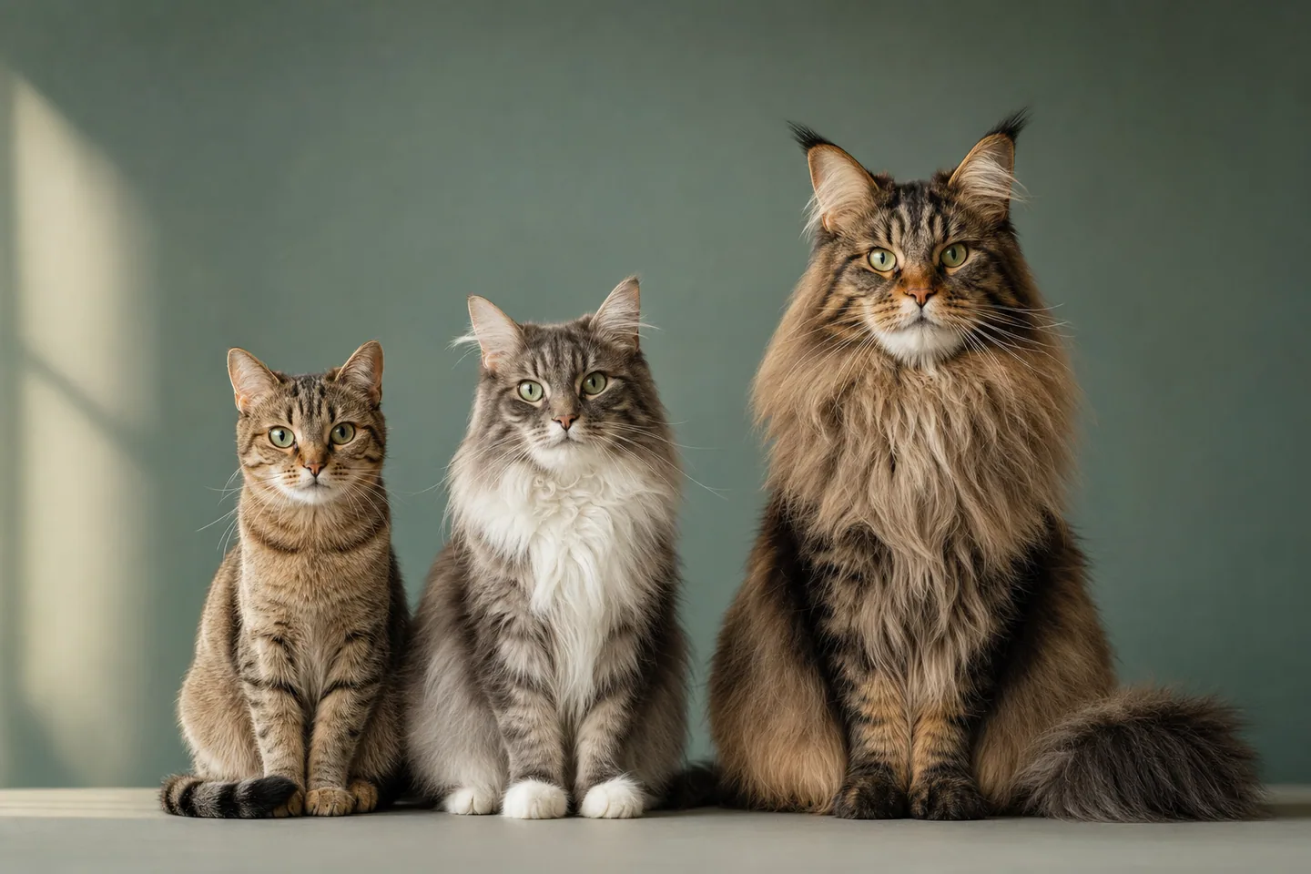 Trois chats côte à côte sur fond neutre, symbolisant les niveaux de formules