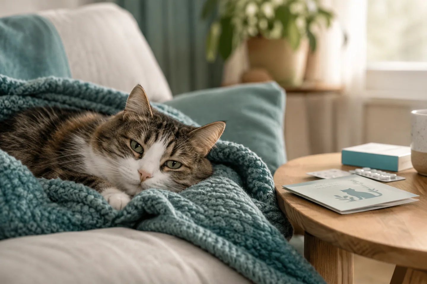 Chat convalescent reposant sur un plaid près de son carnet de santé et d’une boîte de médicaments