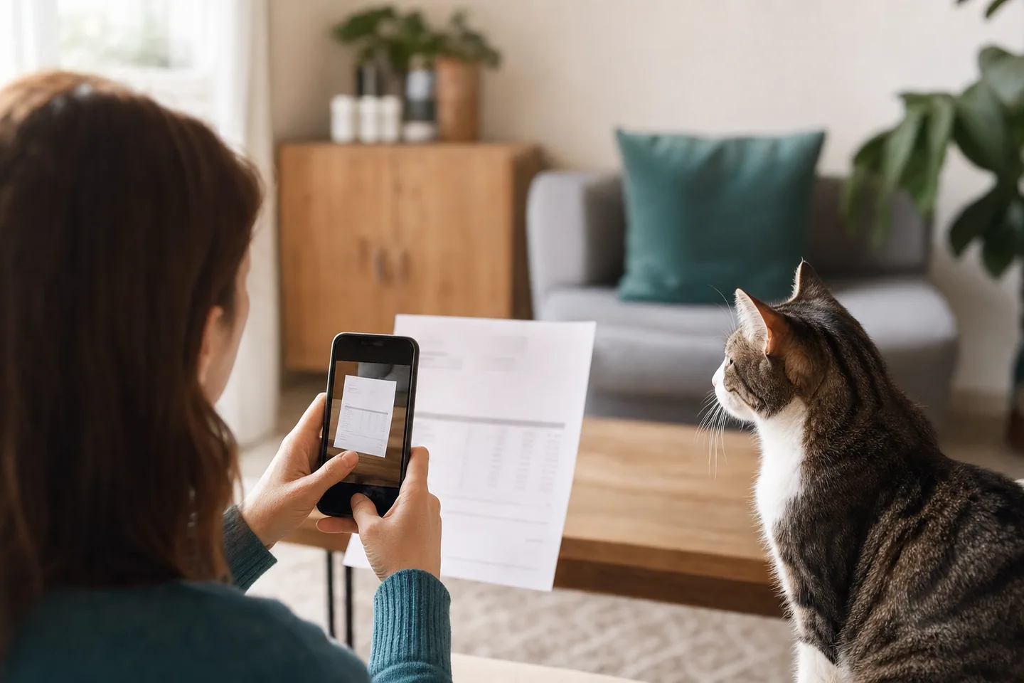 Personne photographiant une facture vétérinaire avec son smartphone, chat à côté