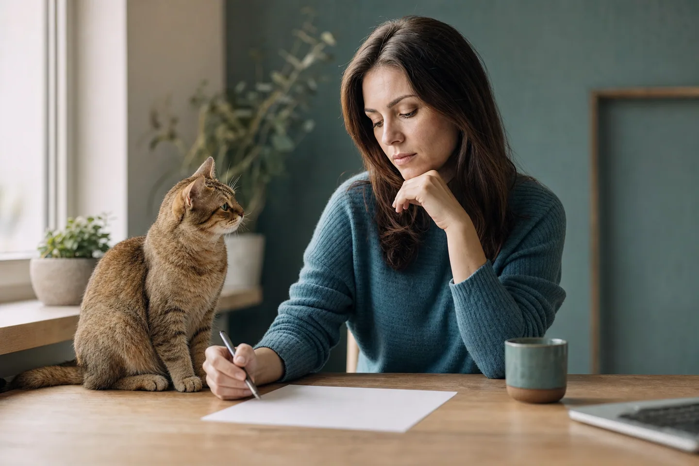 Personne évaluant des options avec une check-list, chat attentif à côté