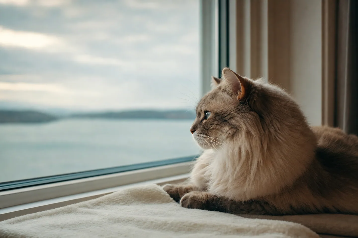 Chat calme reposant près d’une fenêtre, ambiance de patience et d’attente