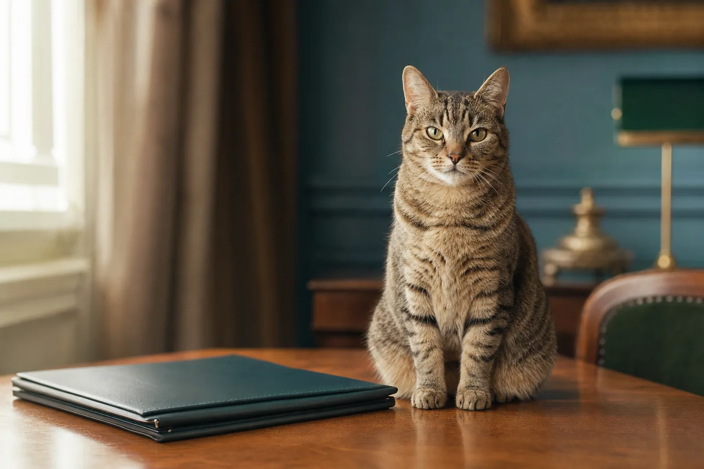 Chat assis à côté d’un dossier fermé sur un bureau, ambiance administrative douce