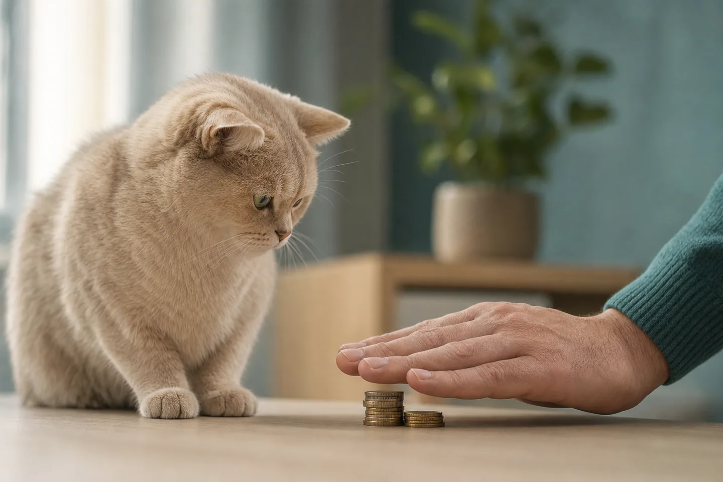 Chat à côté de pièces partiellement couvertes par une main, symbole de franchise