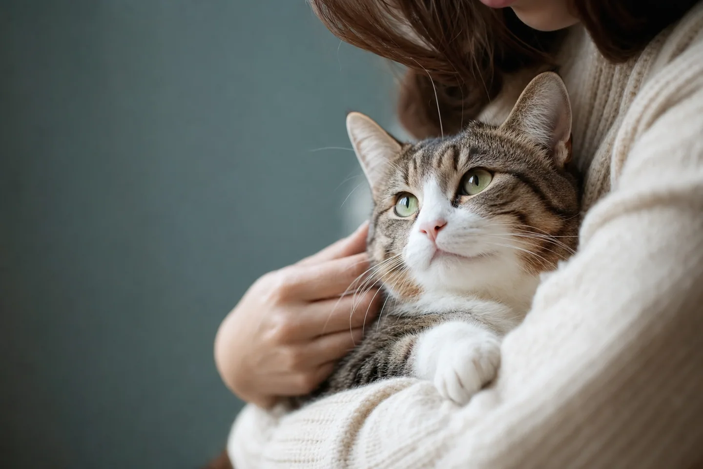 Chat en bonne santé tenu délicatement dans des mains protectrices