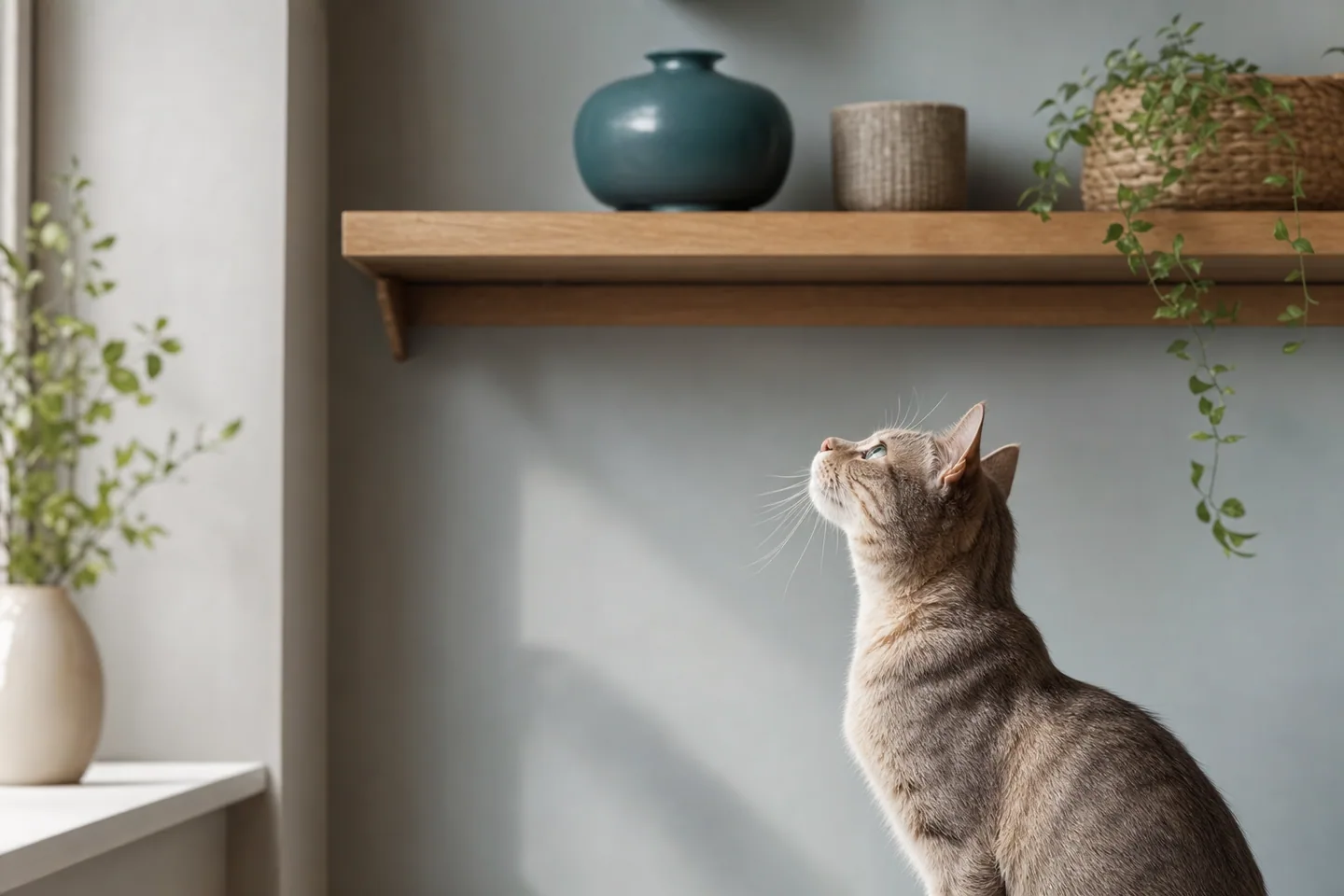 Chat regardant vers une étagère, subtile idée de limite haute