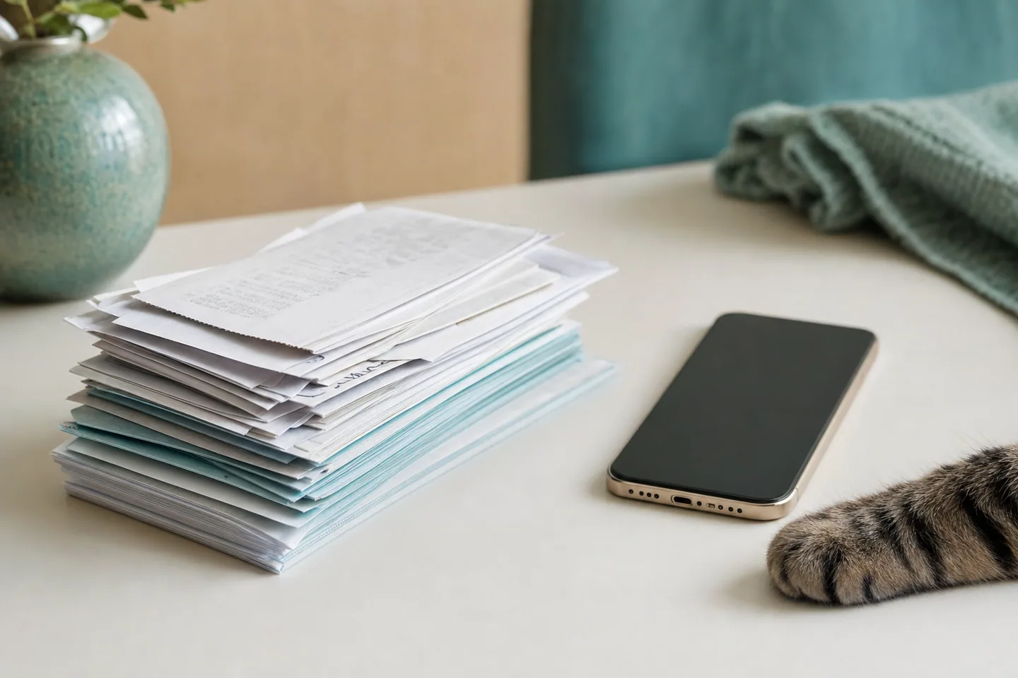 Factures vétérinaires et smartphone sur une table, patte de chat posée dessus