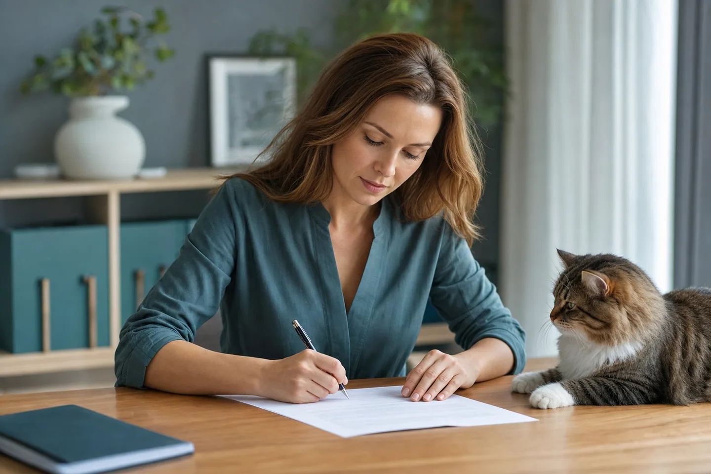 Personne signant sereinement un document, chat observant à proximité