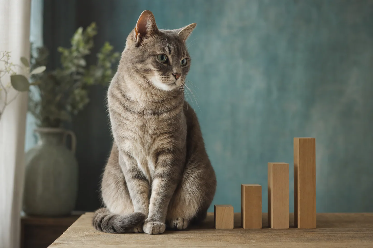 Chat à côté de blocs en bois de hauteur croissante symbolisant des niveaux