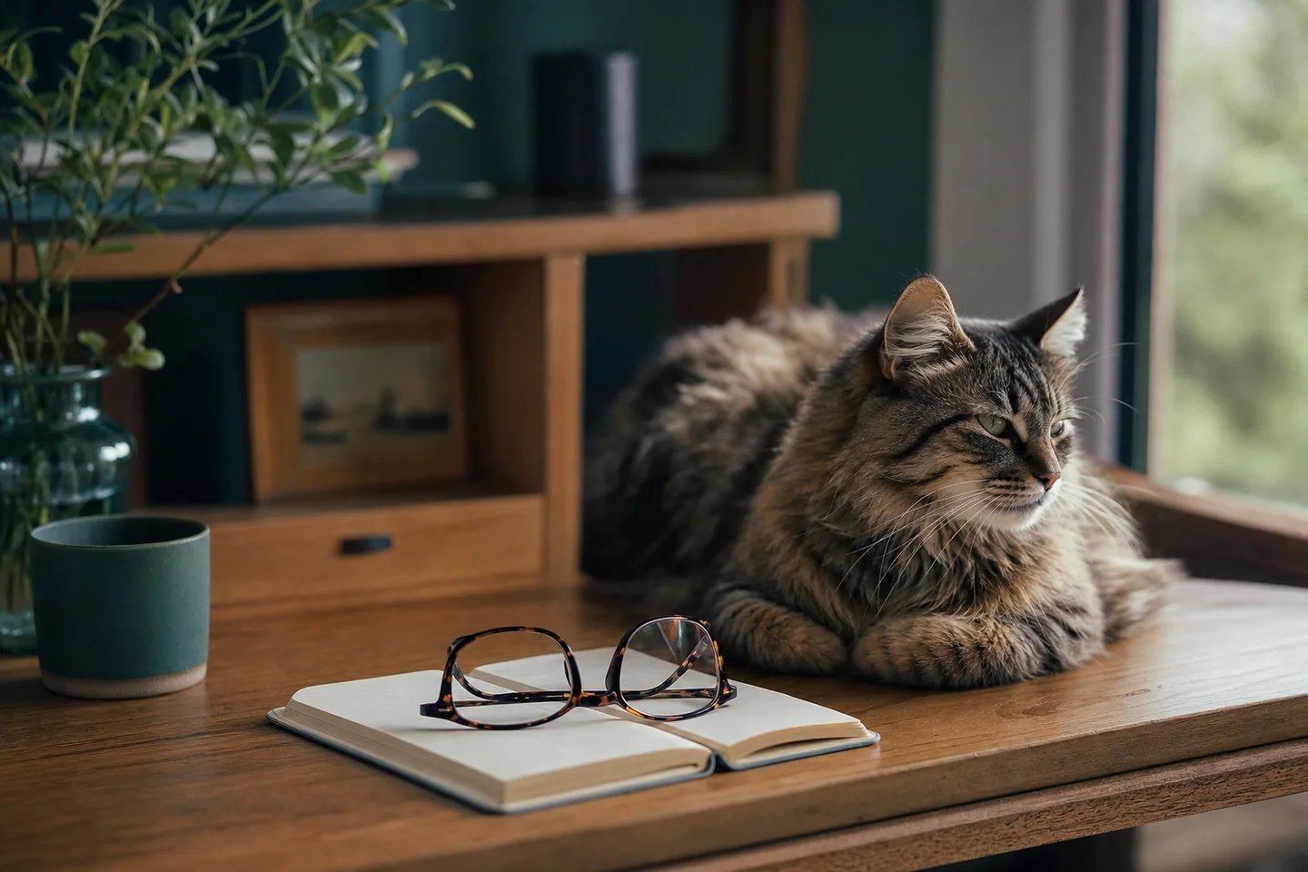 Carnet ouvert et lunettes sur un bureau en bois, chat calme à proximité