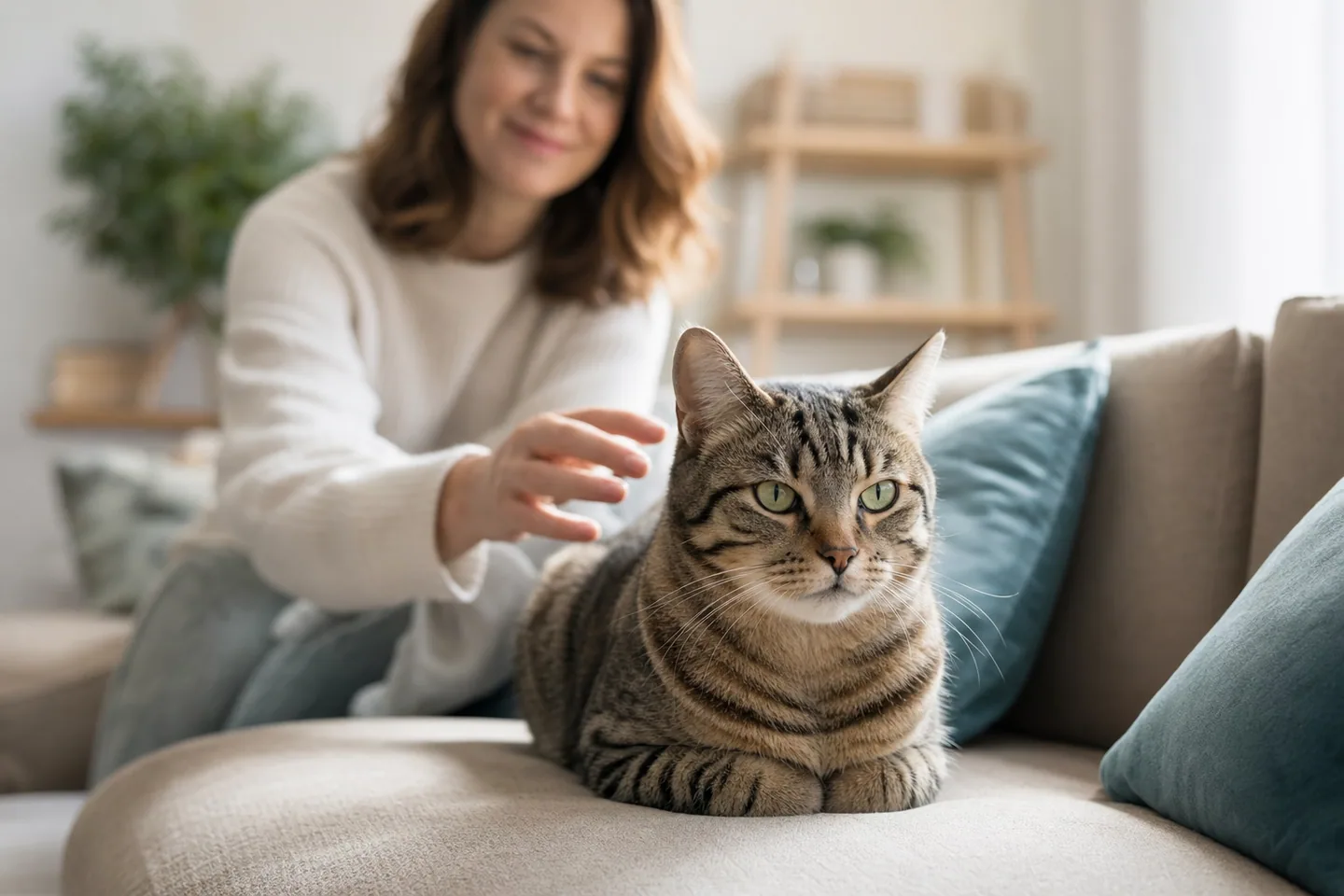 Chat serein installé sur un canapé dans un salon lumineux