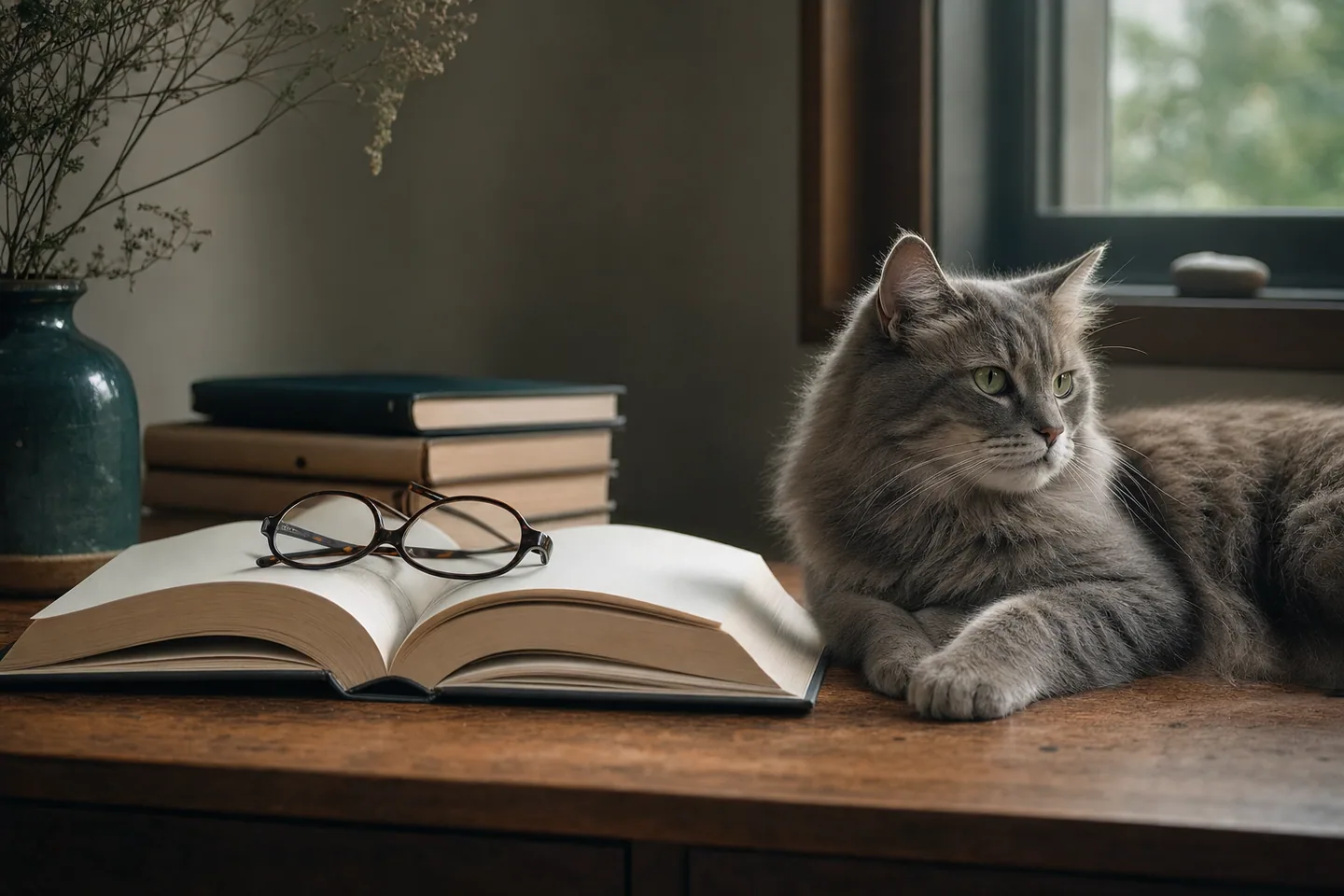 Livre de lexique ouvert et lunettes sur un bureau, chat calme à côté