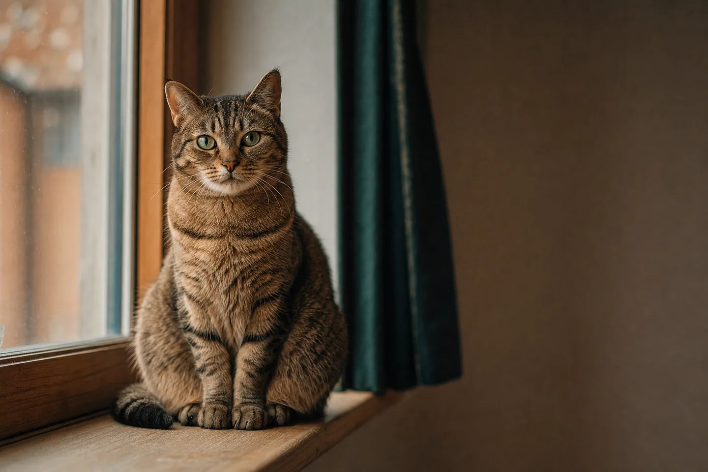 Chat domestique content assis sur un rebord de fenêtre en bois, lumière chaleureuse
