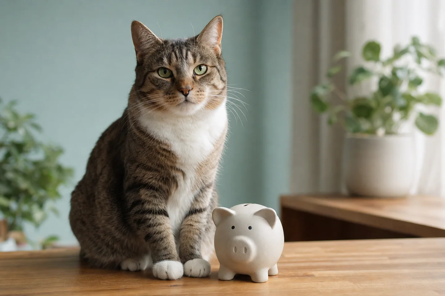 Chat calme à côté d’une tirelire en céramique sur une table en bois clair