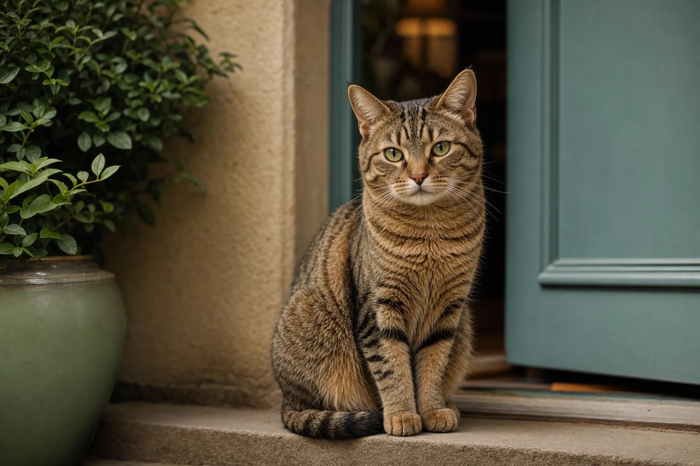 Chat européen tigré brun amical assis sur le pas de la porte d’une maison