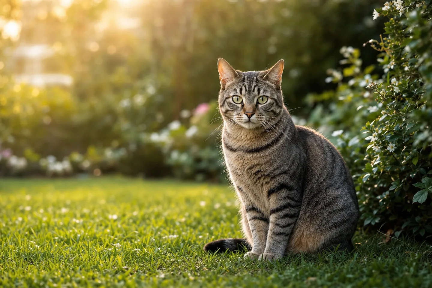 Chat en bonne santé et alerte assis dans un jardin verdoyant à l’heure dorée