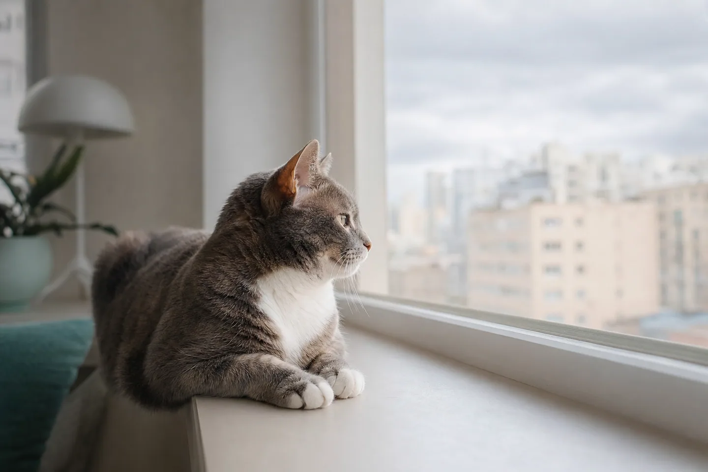 Chat d’intérieur détendu sur un rebord de fenêtre donnant sur la ville