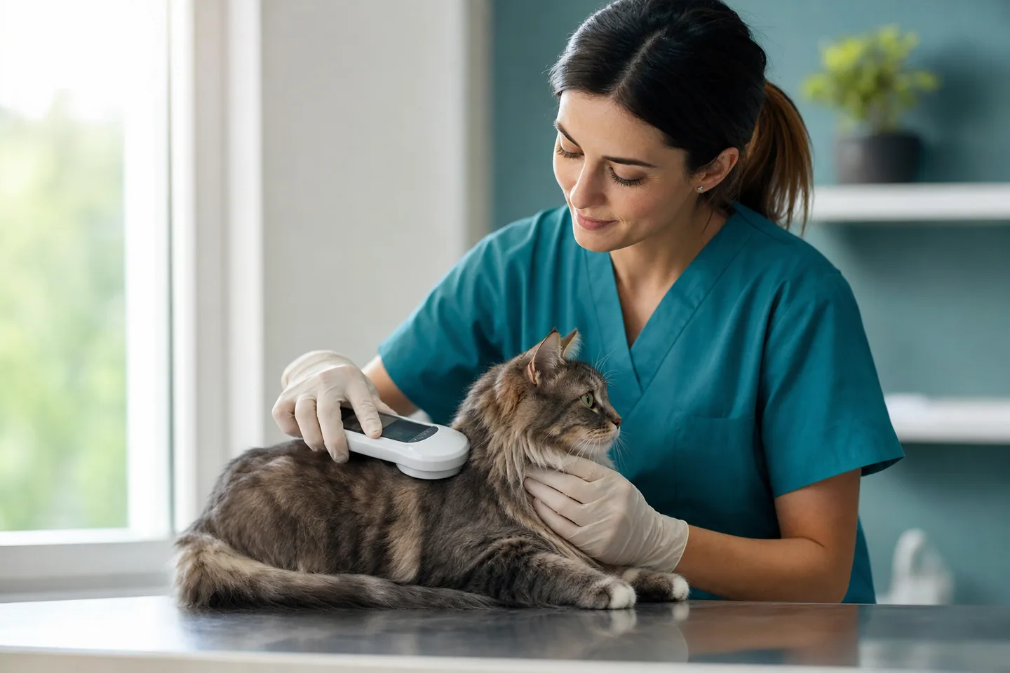 Vétérinaire lisant la puce d’un chat calme avec un lecteur en clinique
