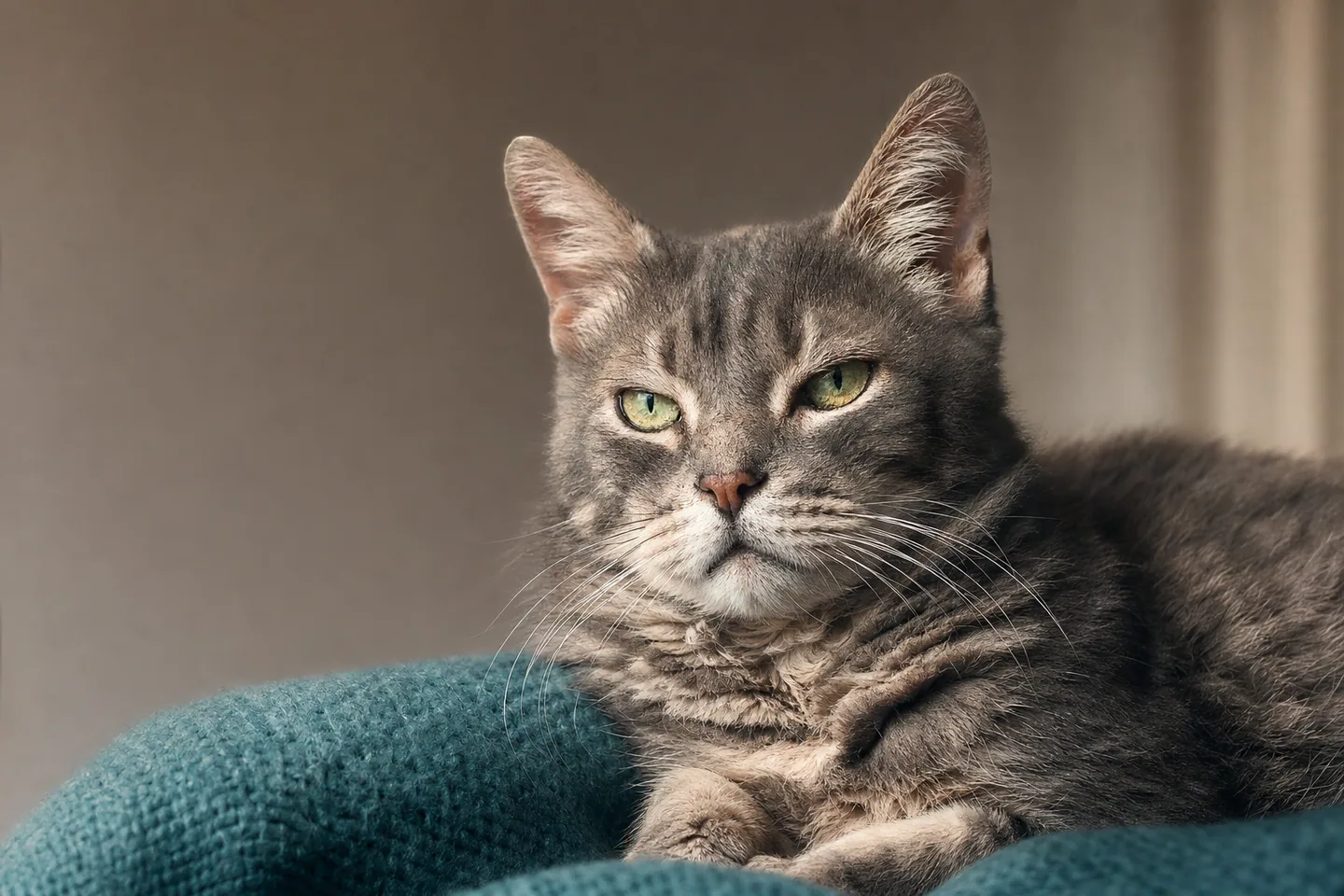 Chat âgé au regard calme reposant confortablement sur une couverture douce
