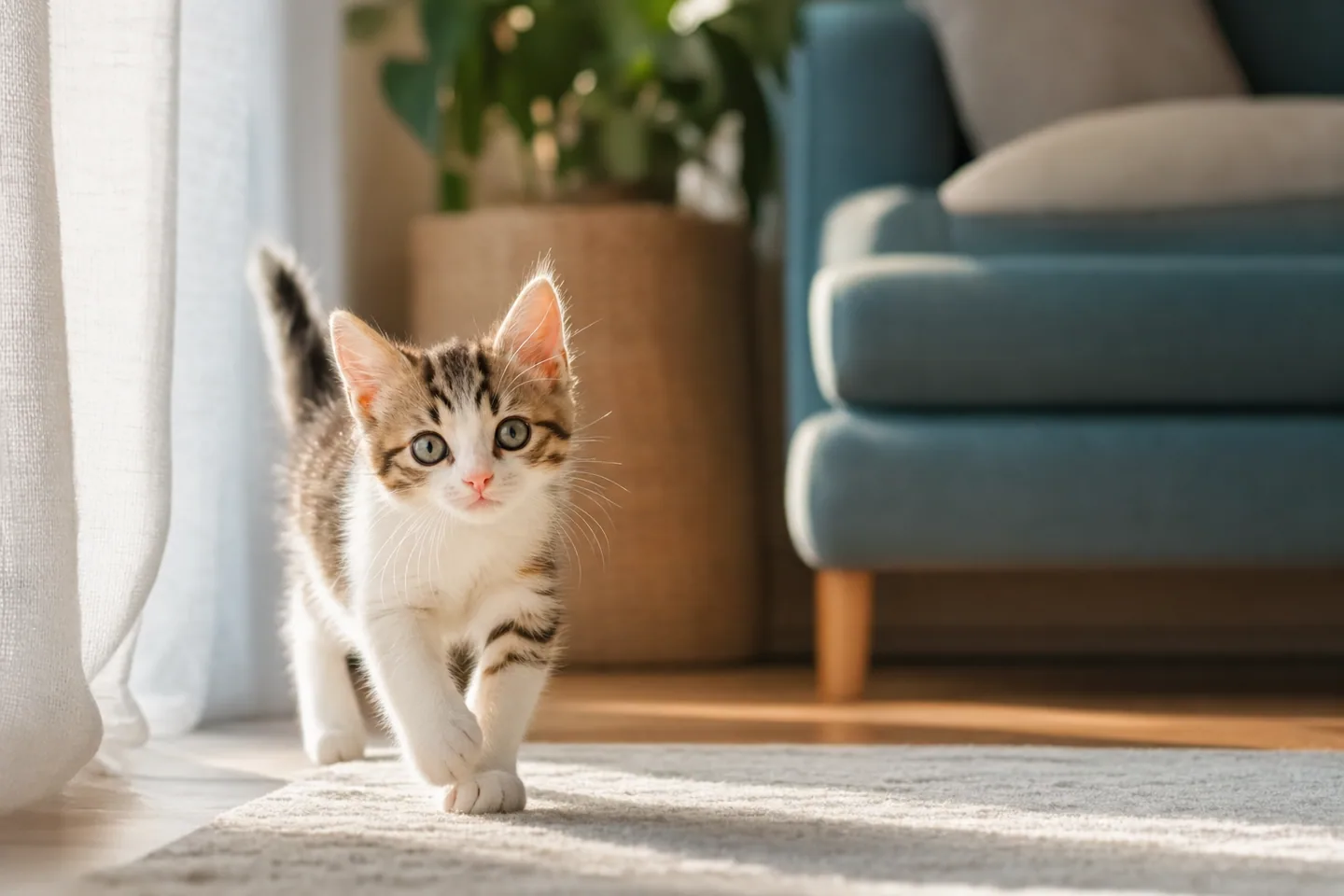Chaton en bonne santé aux yeux vifs explorant un salon ensoleillé