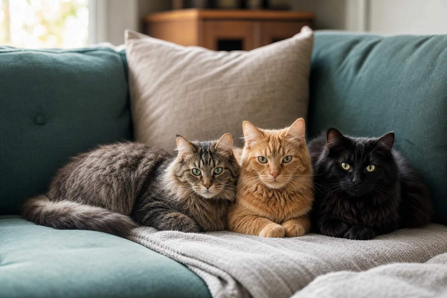 Deux ou trois chats de couleurs différentes réunis sur un canapé chaleureux