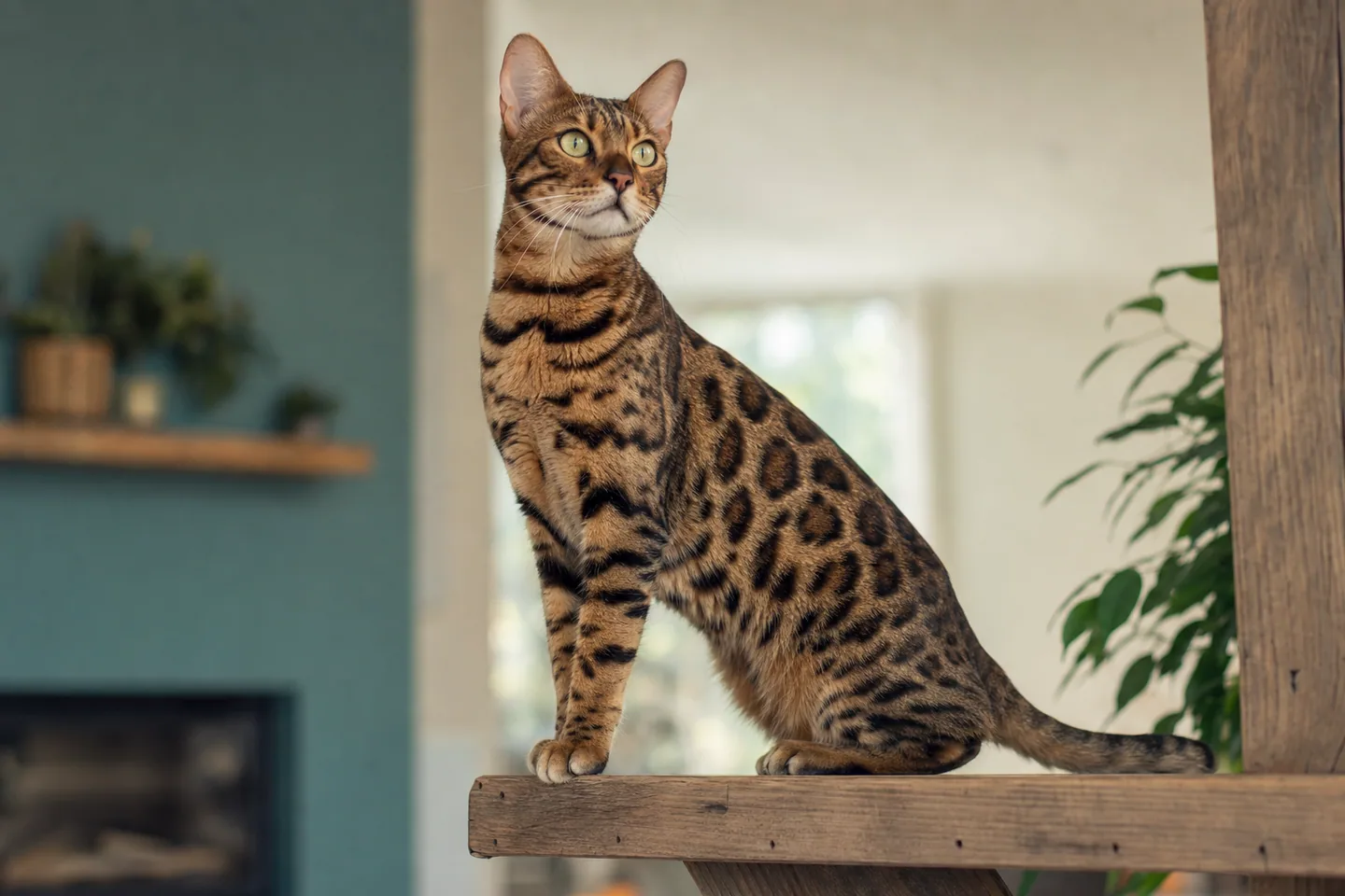 Bengal tacheté au pelage léopard perché et alerte dans un intérieur moderne