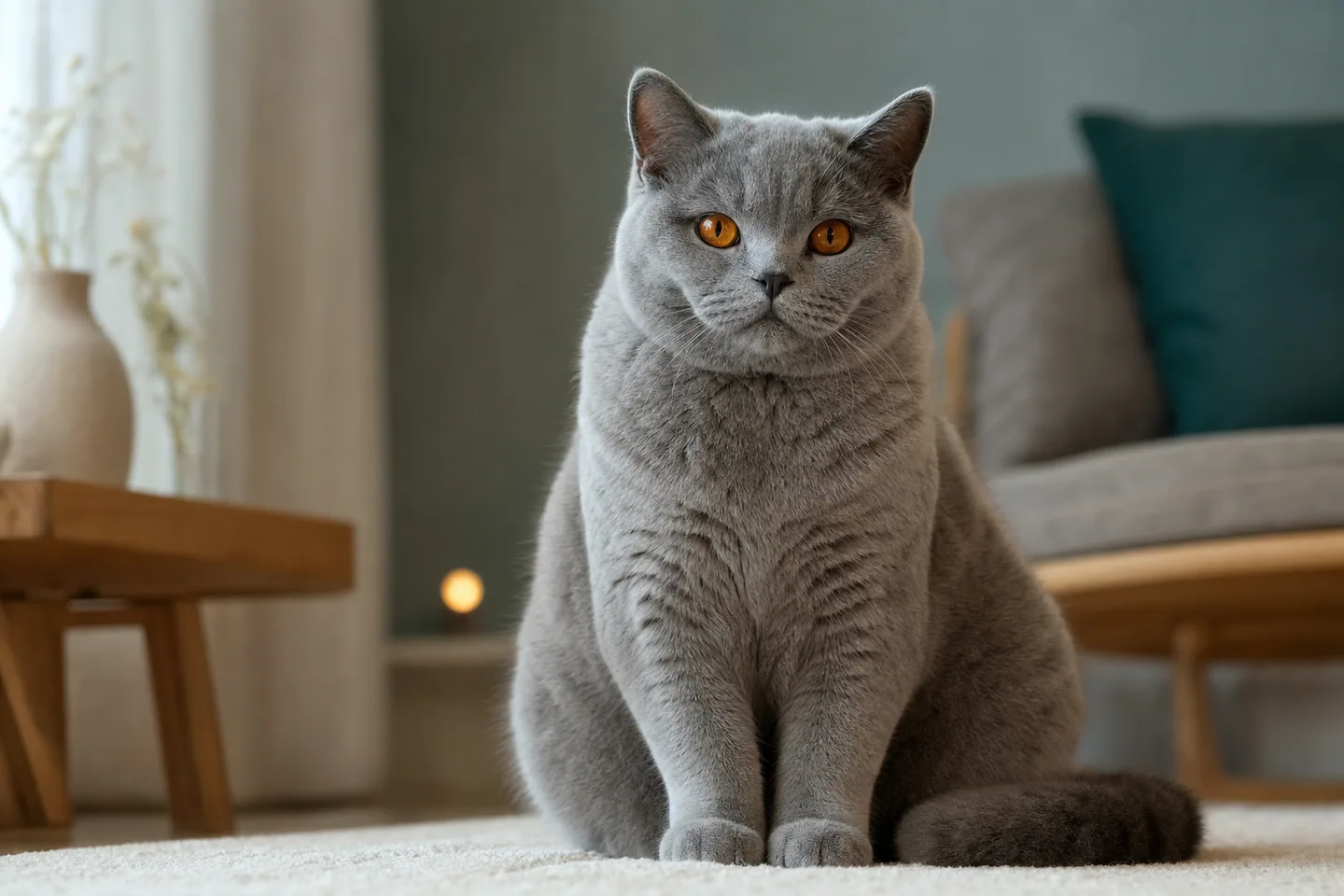 British Shorthair gris-bleu aux yeux cuivrés assis sur un tapis douillet