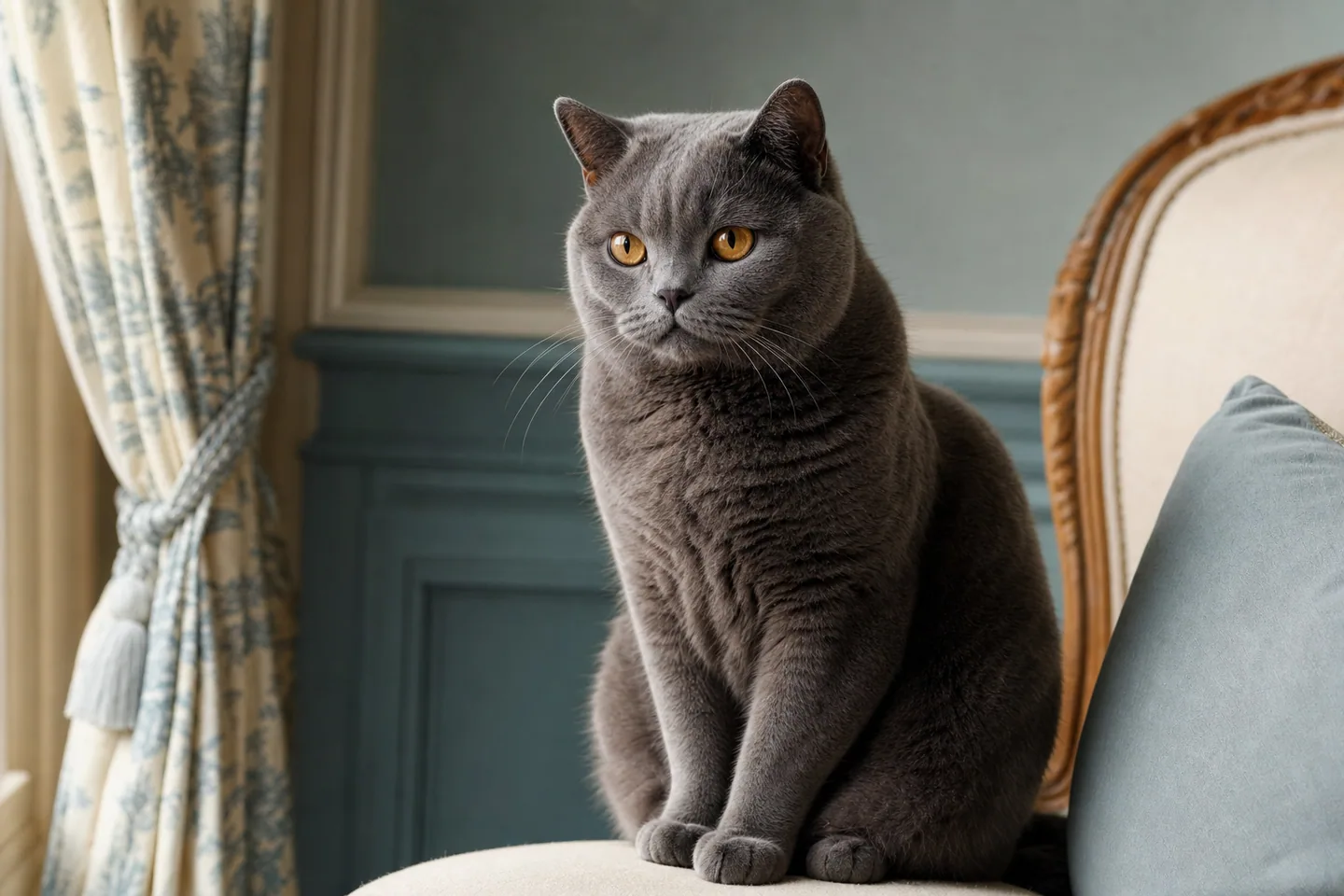 Chartreux gris-bleu à l’expression douce et aux yeux dorés dans un intérieur classique