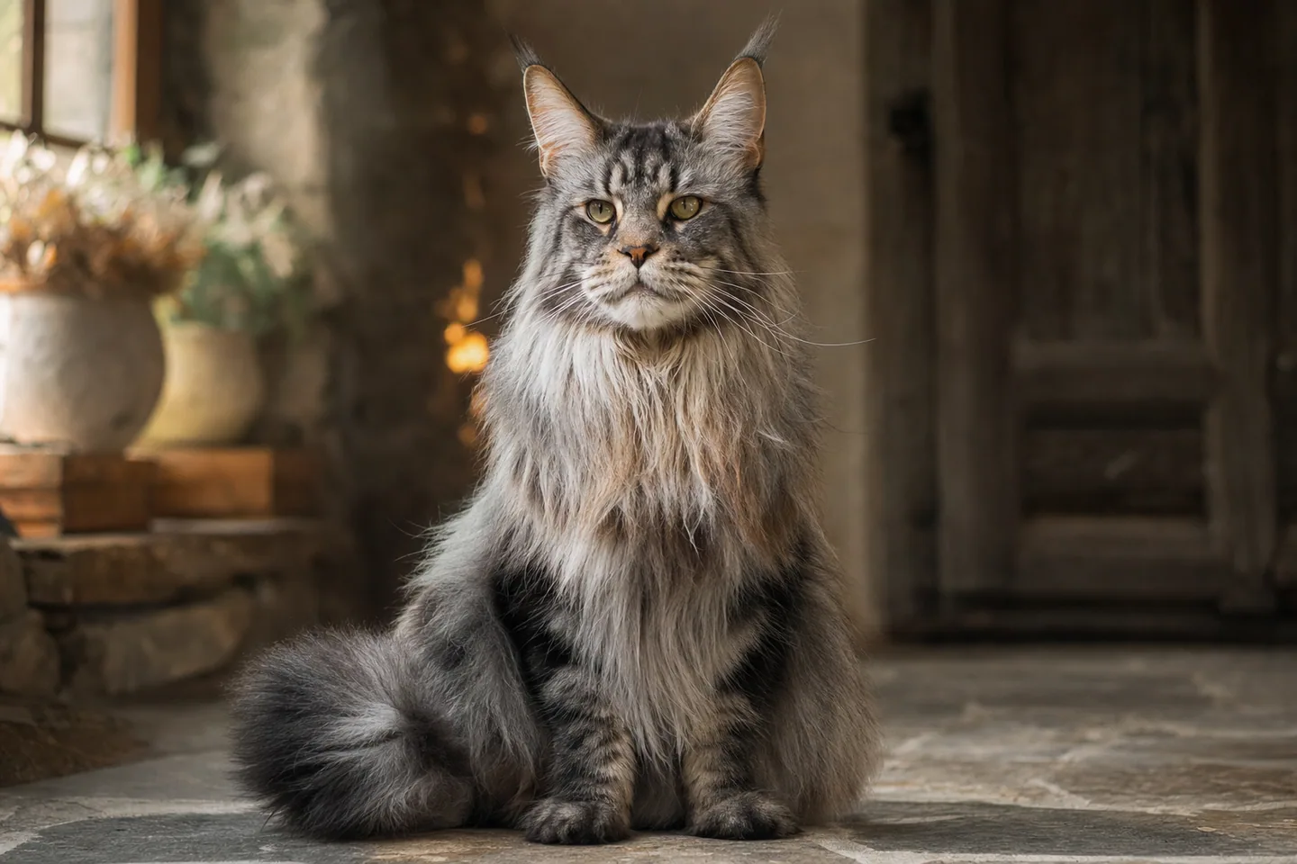 Majestueux Maine Coon à la fourrure luxuriante assis dans un intérieur chaleureux