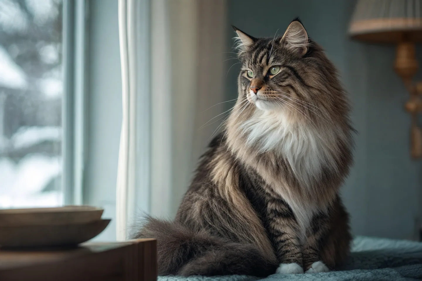 Majestueux chat des forêts norvégiennes au pelage épais près d’une fenêtre