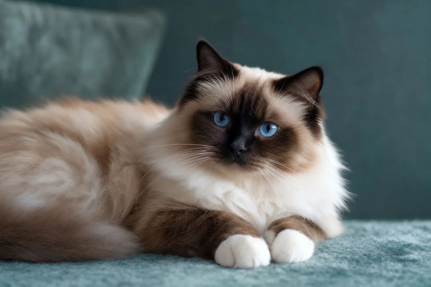 Sacré de Birmanie au pelage crème, gants blancs et yeux bleus reposant élégamment