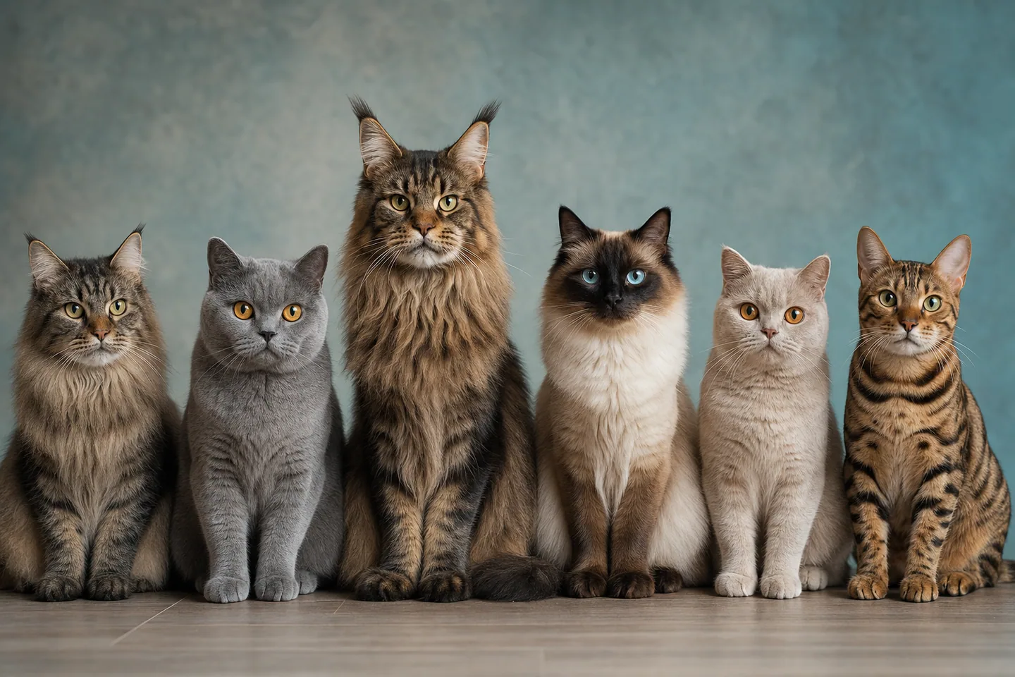 Alignement élégant de plusieurs chats de race différents sur fond studio neutre