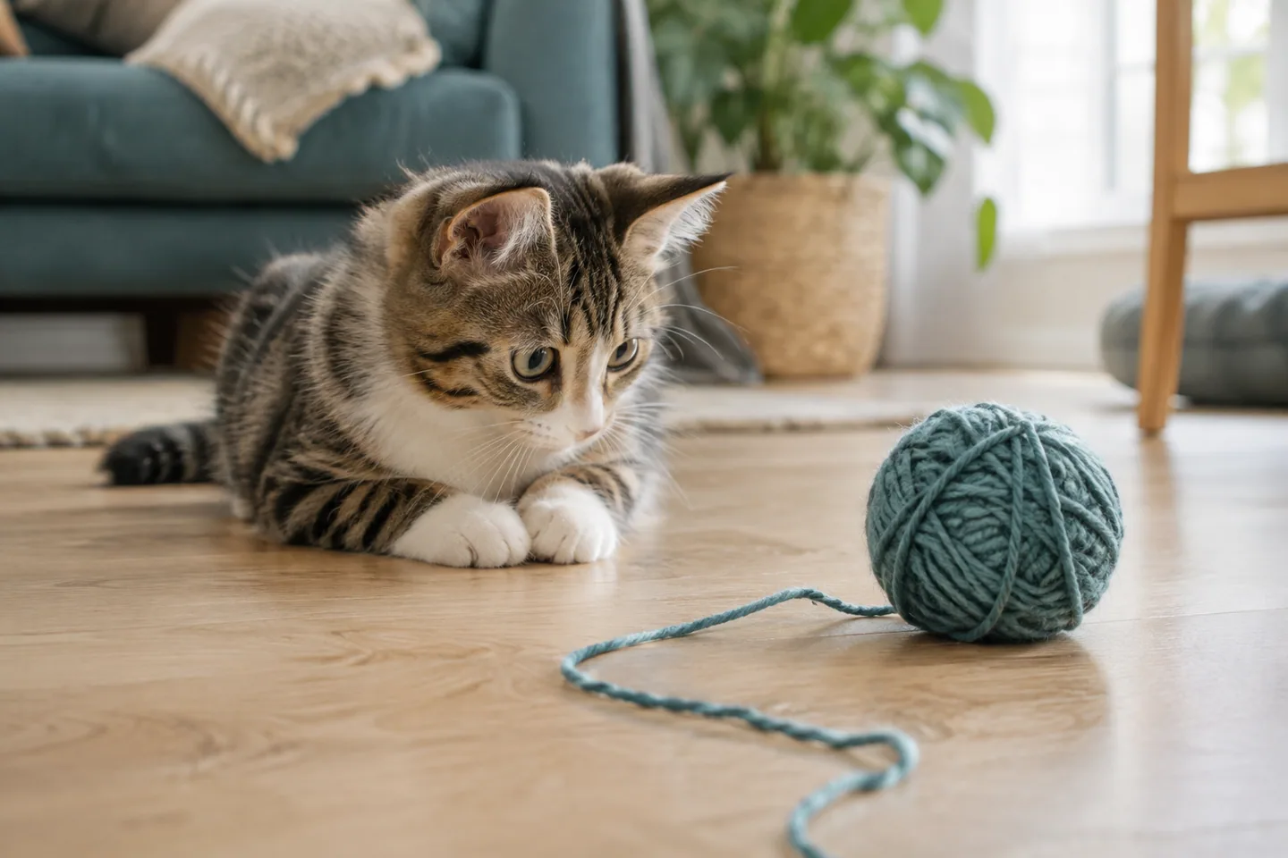 Chat curieux observant une pelote de laine et un fil déroulé sur un parquet clair